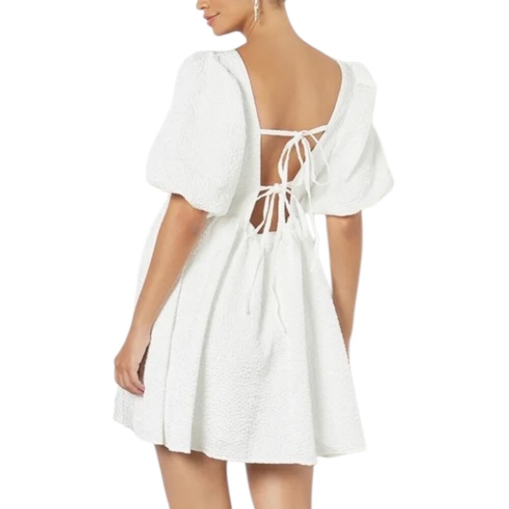 Sister Jane Ivory Jacquard Puff Sleeve Open Back Mini Dress M